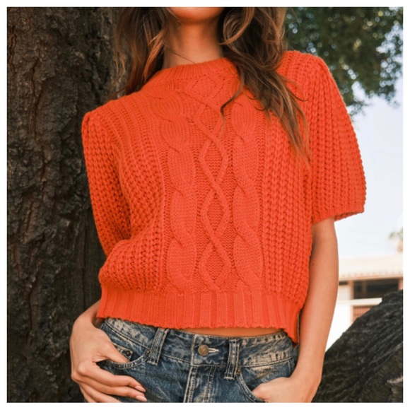 36 Boho Puff Short Sleeve Cable Sweater Top - Picture 3 of 4